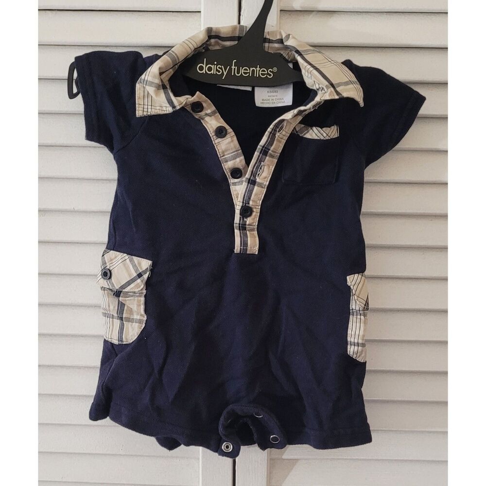 Vintage FAO Schwarz Baby Boy Romper 3M Navy Plaid One Piece Polo Bodysuit Y2K